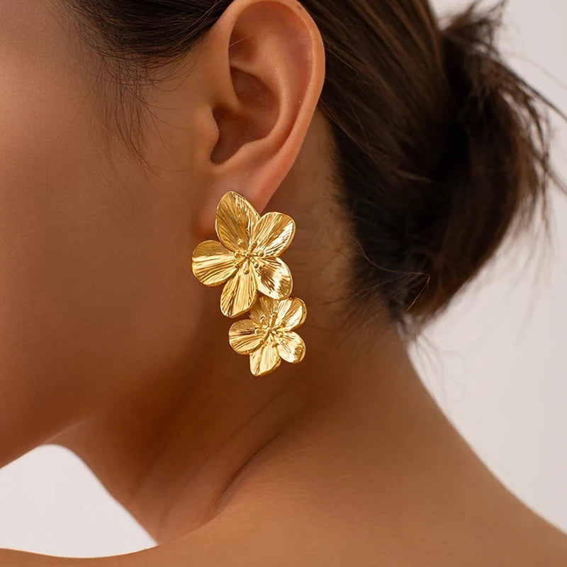 Golden Bloom Statement Earrings – Triple Petal Drop Design