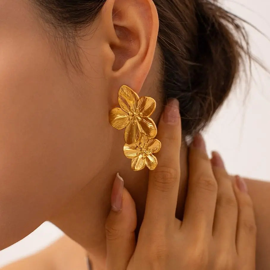 Golden Bloom Statement Earrings – Triple Petal Drop Design