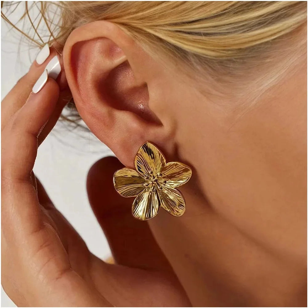 Golden Bloom Statement Earrings – Triple Petal Drop Design